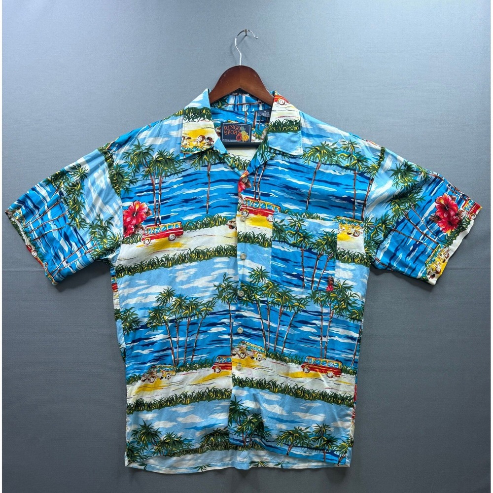 Ringo Sport Button Up Shirt Mens Blue Tropical‎ Hawaiian Rayon M